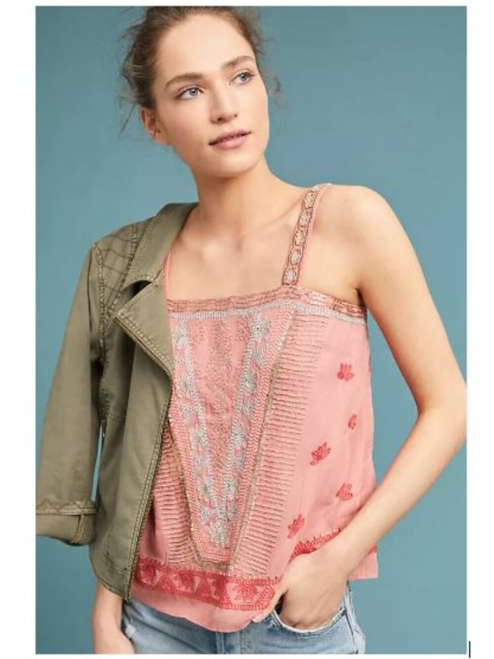 Anthropologie By Featherbone Demna Beaded Blouse in Pink Motif – Size 8 - NWT